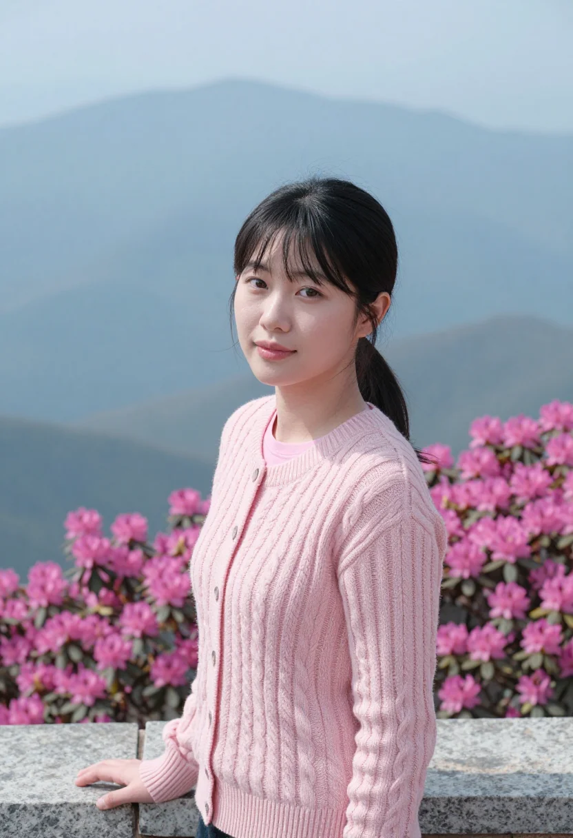 AI blue ridge parkway may rhododendron pink sample — portrait of a woman, a traveller in her early twenties, of K