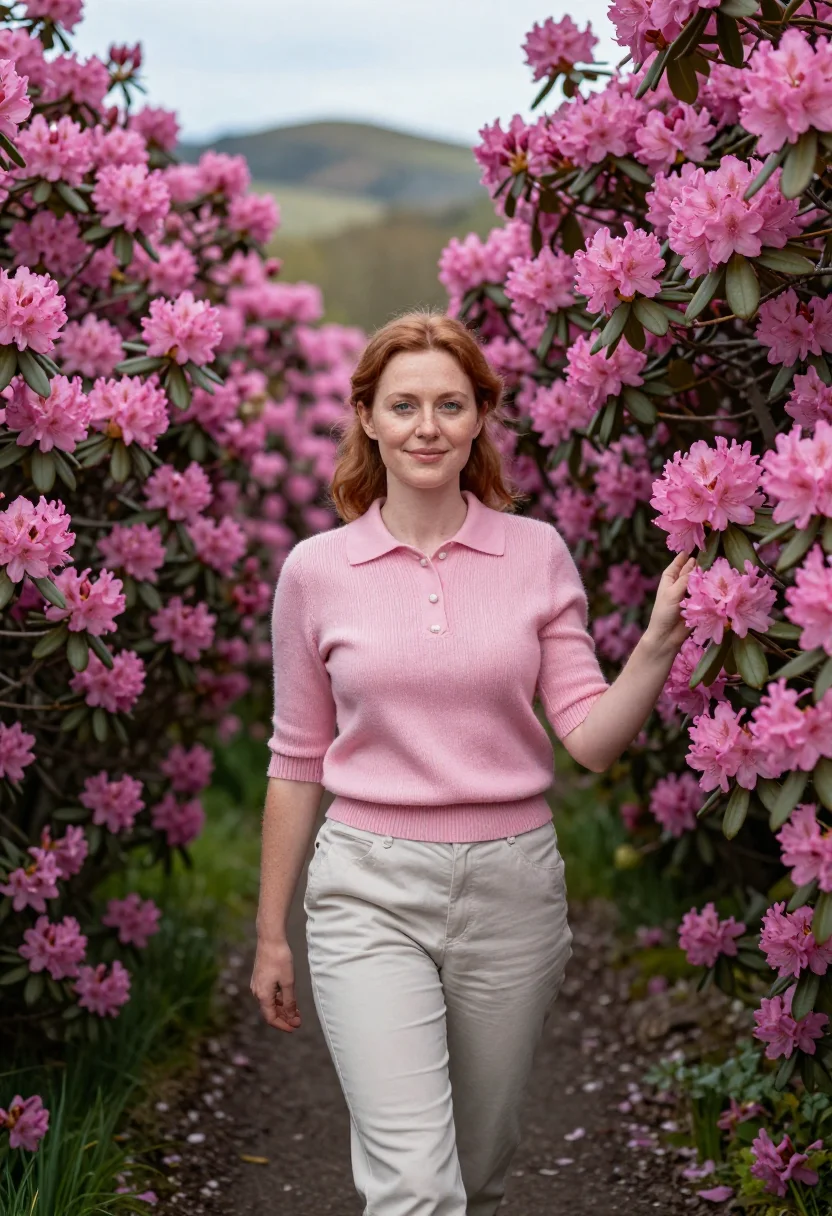 AI blue ridge parkway may rhododendron pink sample — portrait of a woman, a traveller in her early thirties, of I