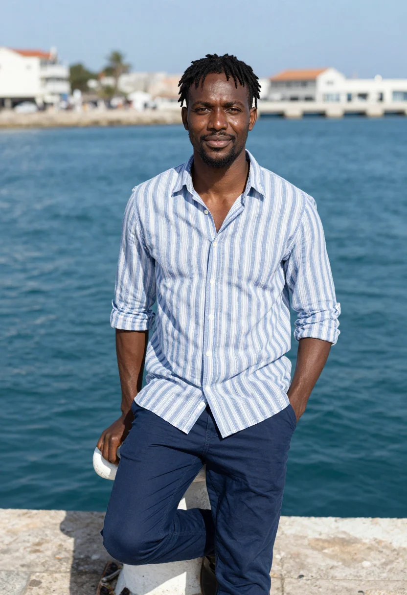 AI blue stripe shirt spring profile sample — portrait of a man, framed half-length, cropped at the hips,
