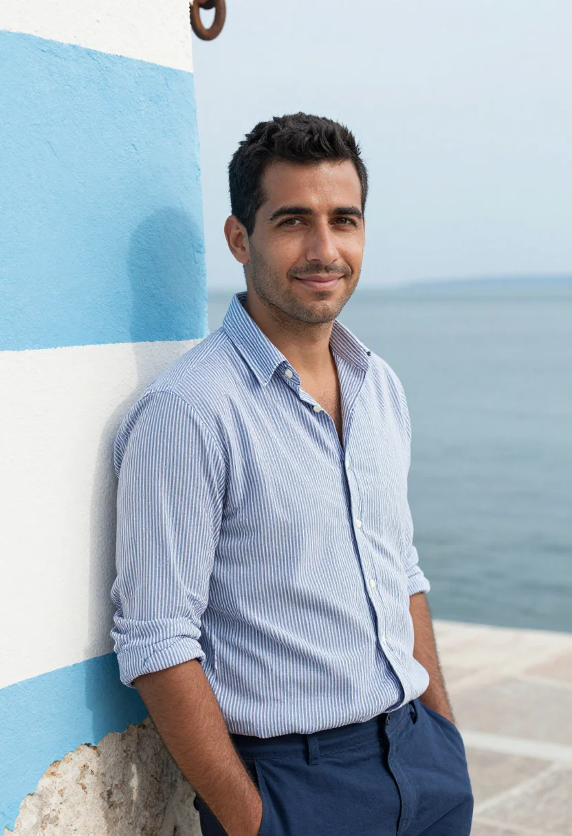 AI blue stripe shirt spring profile sample — portrait of a man, framed chest-up, cropped at the ribs, the