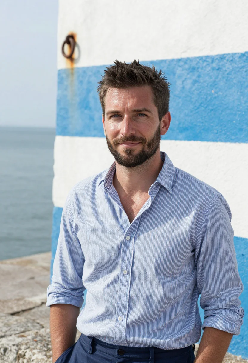 AI blue stripe shirt spring profile sample — portrait of a man, framed tight, head and shoulders, the bod