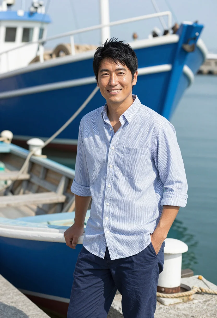 AI blue stripe shirt spring profile sample — portrait of a man, framed half-length, cropped at the hips,