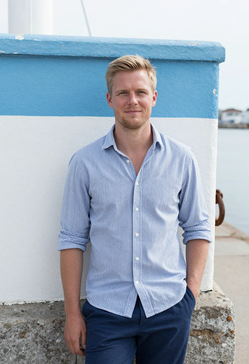 AI blue stripe shirt spring profile sample — portrait of a man, framed half-length, cropped at the hips,