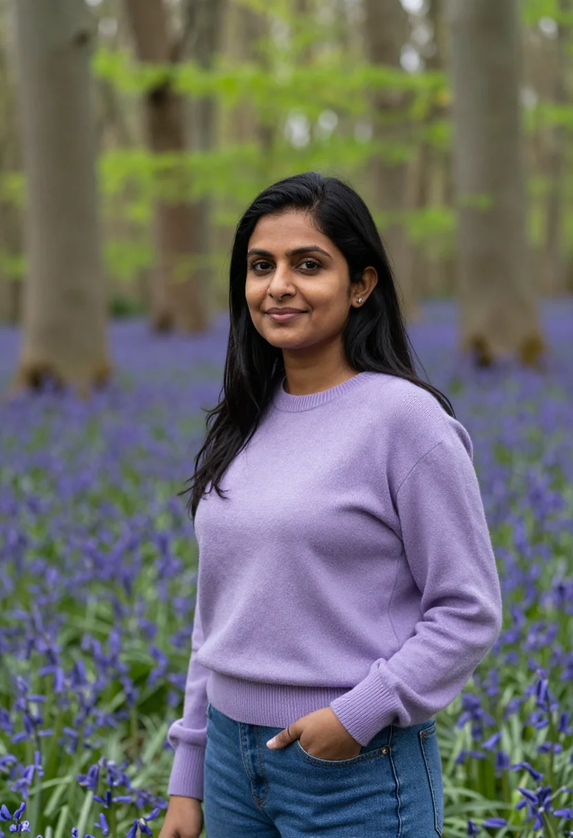 AI bluebell wood april violet date sample — portrait of a woman, framed tight, head and shoulders, the b