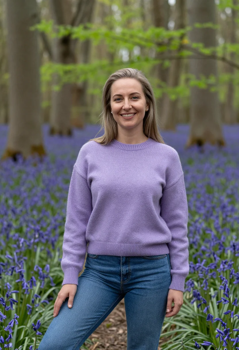 AI bluebell wood april violet date sample — portrait of a woman, framed chest-up, cropped at the ribs, t