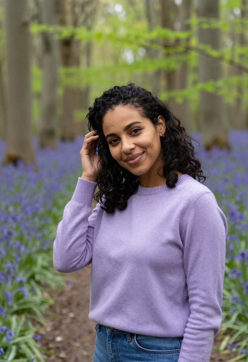 AI bluebell wood april violet date sample — portrait of a woman, framed tight, head and shoulders, the b