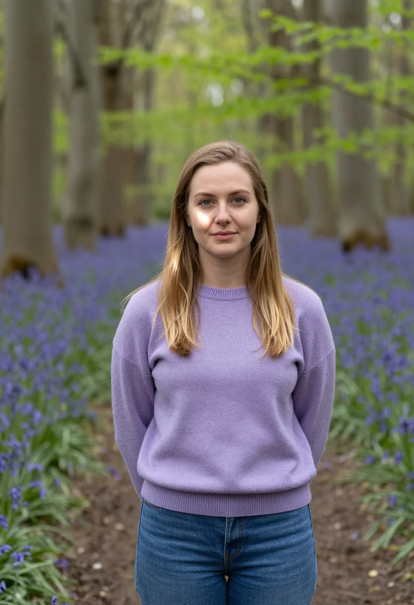 AI bluebell wood april violet date sample — portrait of a woman, framed chest-up, cropped at the ribs, t