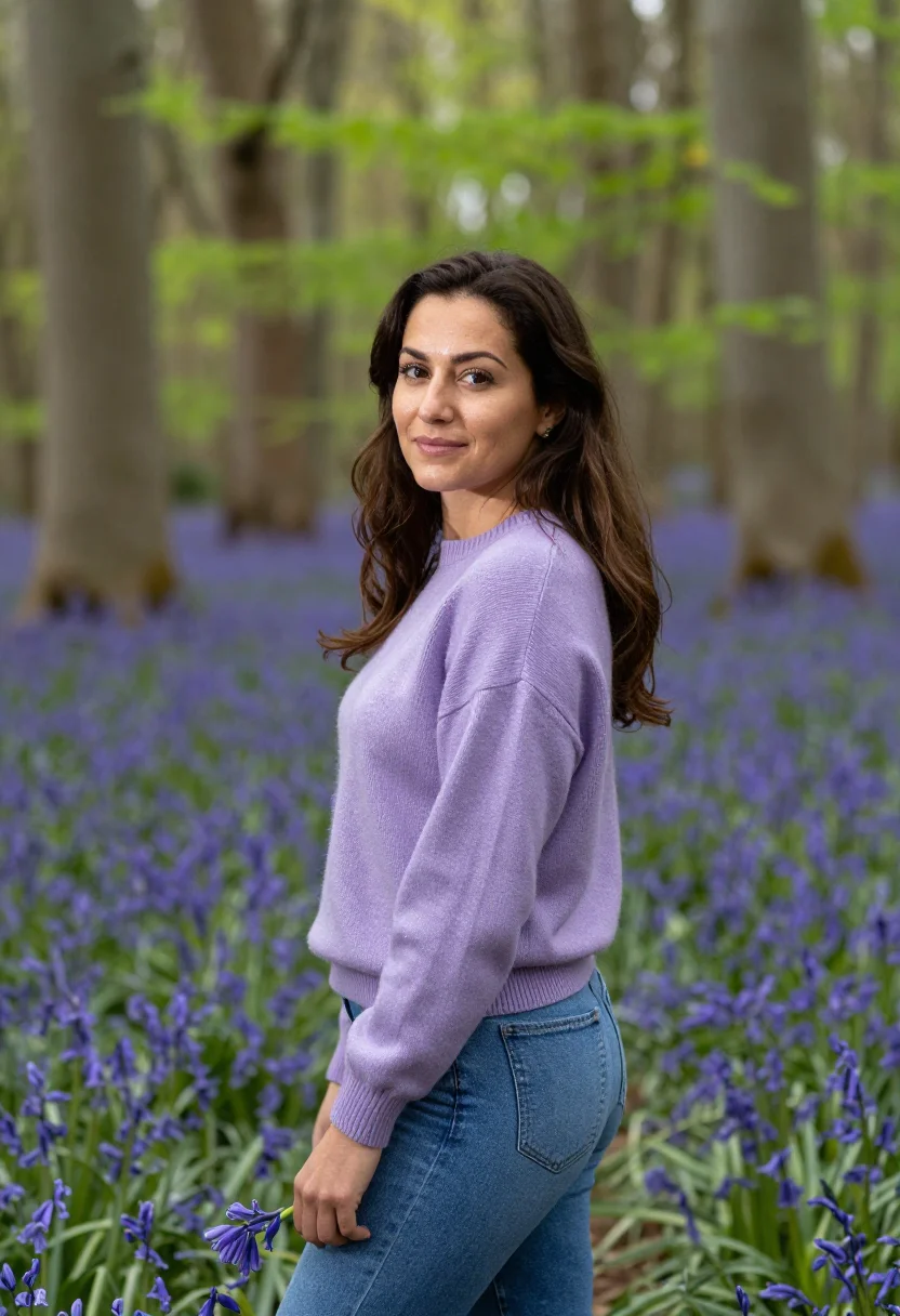 AI bluebell wood april violet date sample — portrait of a woman, framed half-length from the head to the