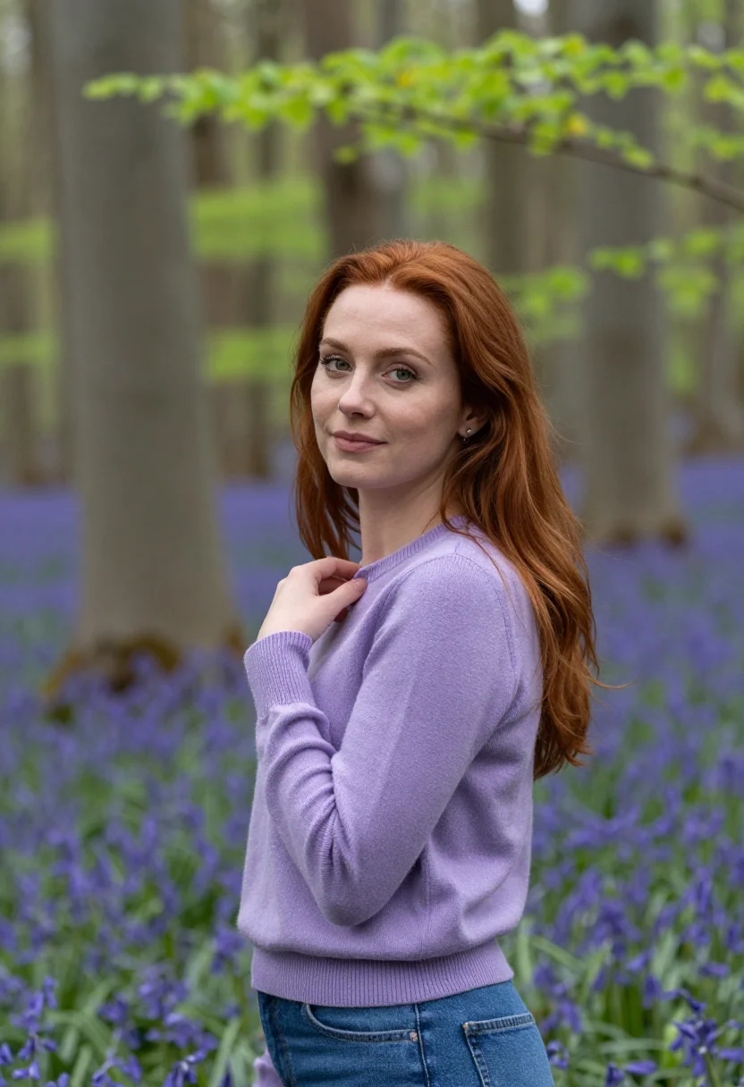 AI bluebell wood april violet date sample — portrait of a woman, framed chest-up, cropped at the ribs, t