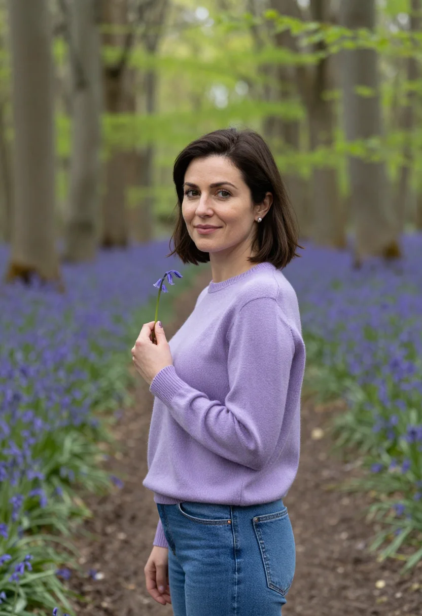 AI bluebell wood april violet date sample — portrait of a woman, framed chest-up, cropped at the ribs, t