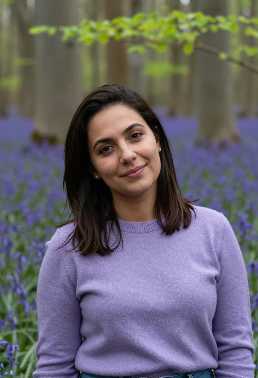 AI bluebell wood april violet date sample — portrait of a woman, framed tight, head and shoulders, the b