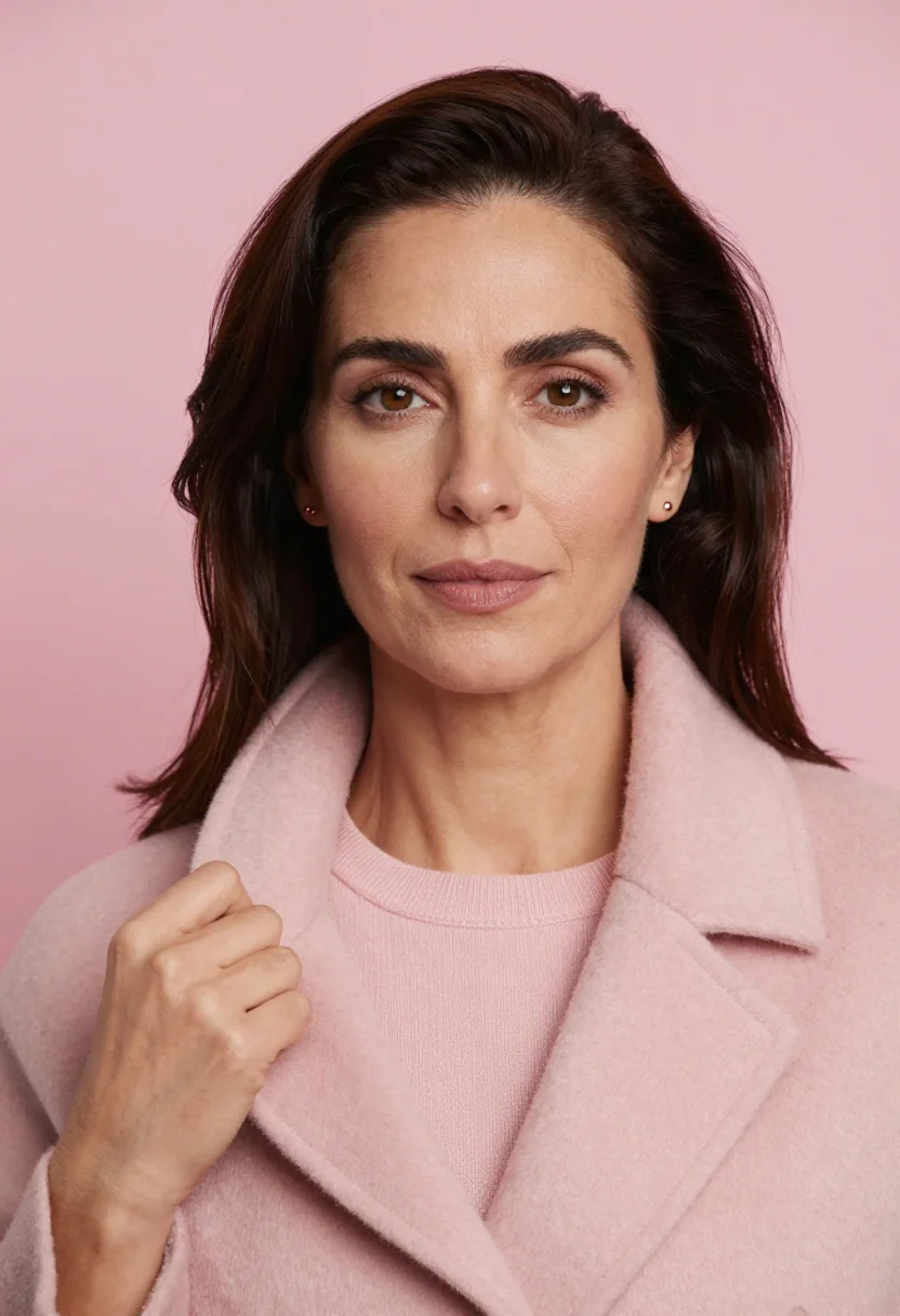 AI blush coat headshot sample — portrait of a woman, chest-up portrait of a Southern-Europea