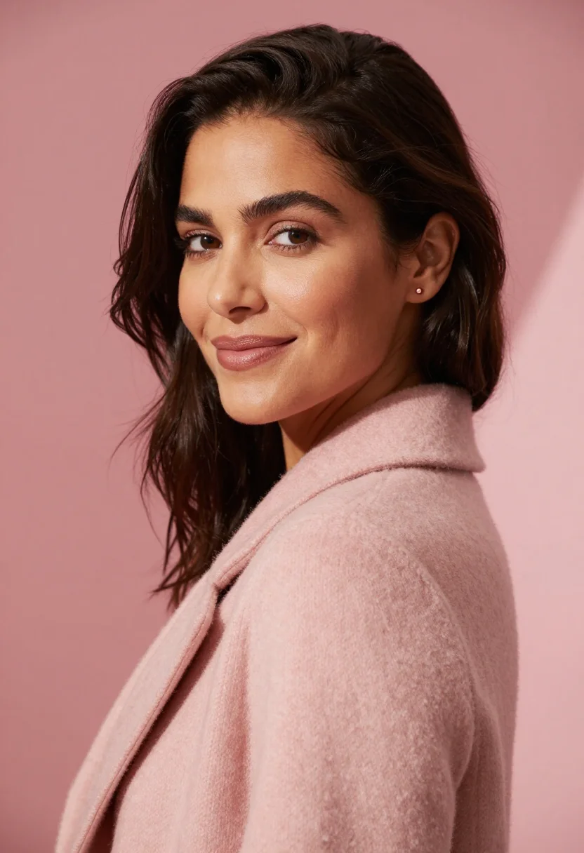 AI blush coat headshot sample — portrait of a woman, close headshot portrait of a Latina wom