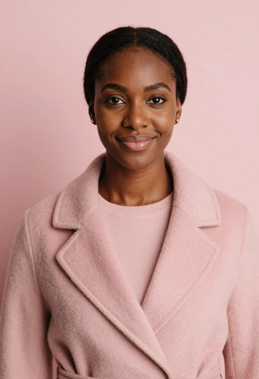 AI blush coat headshot sample — portrait of a woman, close headshot portrait of an Afro-Cari