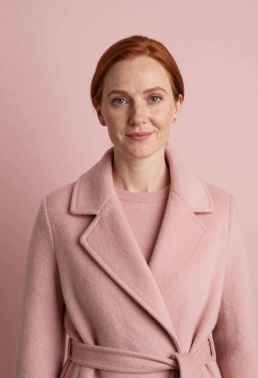 AI blush coat headshot sample — portrait of a woman, head-and-shoulders portrait of a Wester