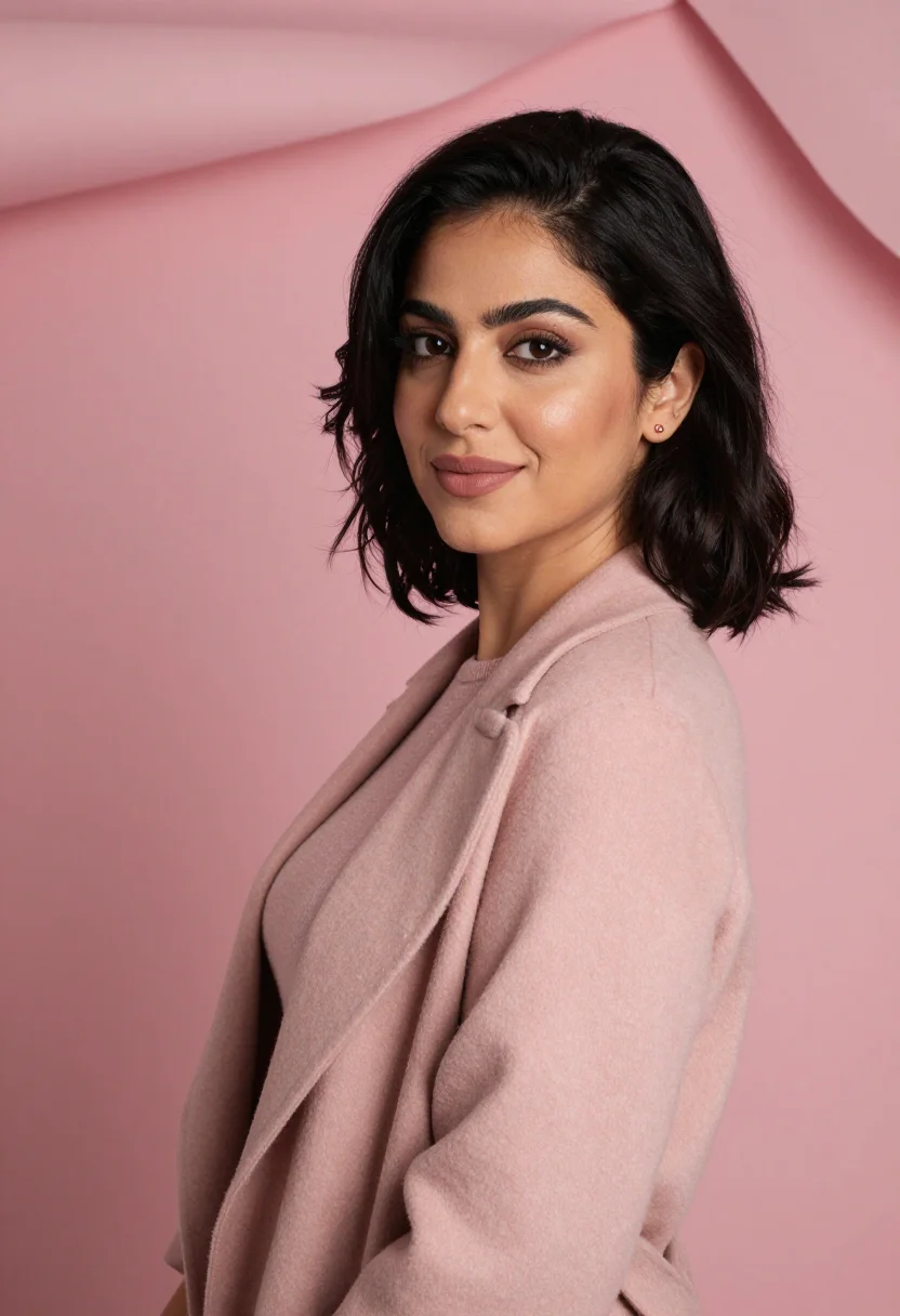 AI blush coat headshot sample — portrait of a woman, chest-up portrait of a Middle-Eastern w