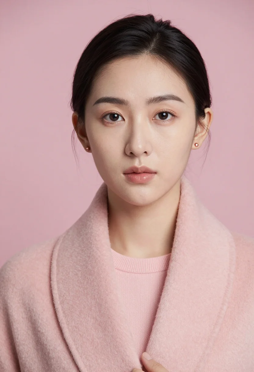 AI blush coat headshot sample — portrait of a woman, tight headshot portrait of an East-Asia