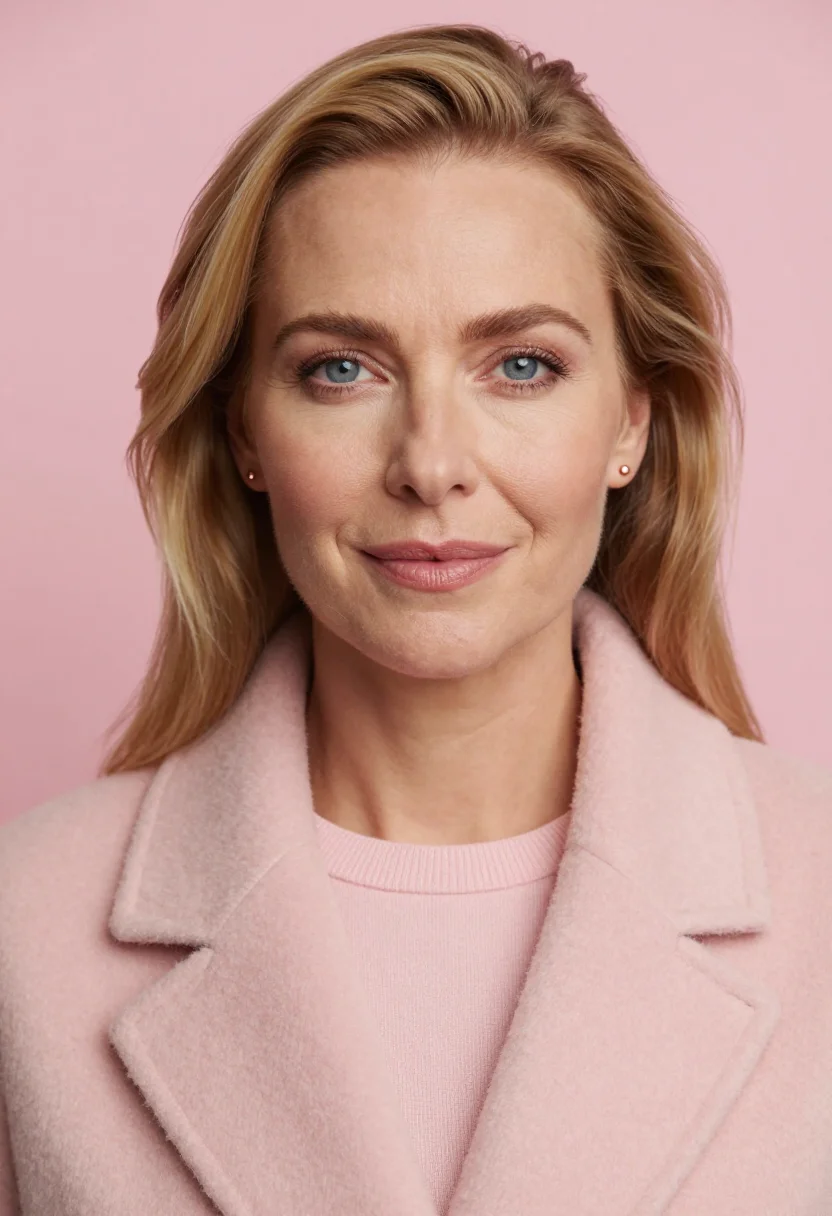 AI blush coat headshot sample — portrait of a woman, very tight headshot portrait of a Weste