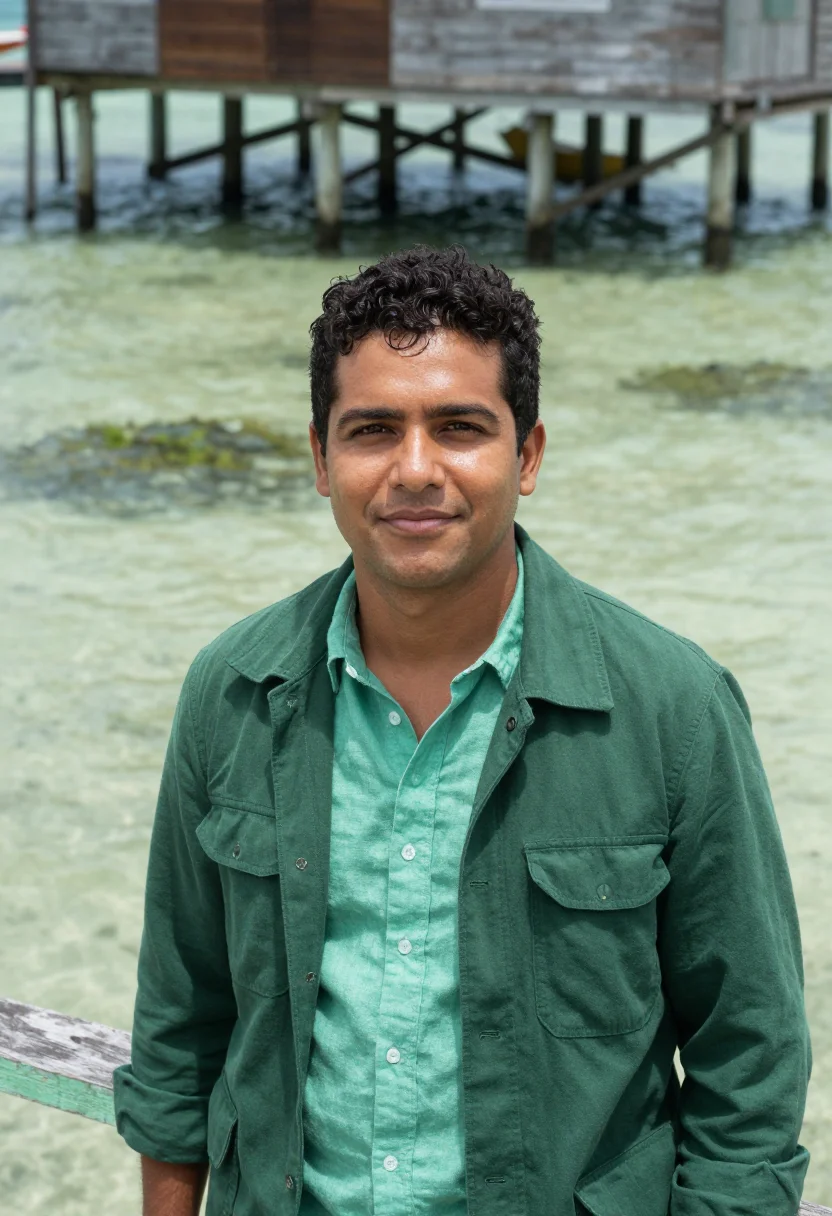 AI bocas del toro marine biologist caribbean green sample — portrait of a man, a Costa Rican marine biologist in his ear