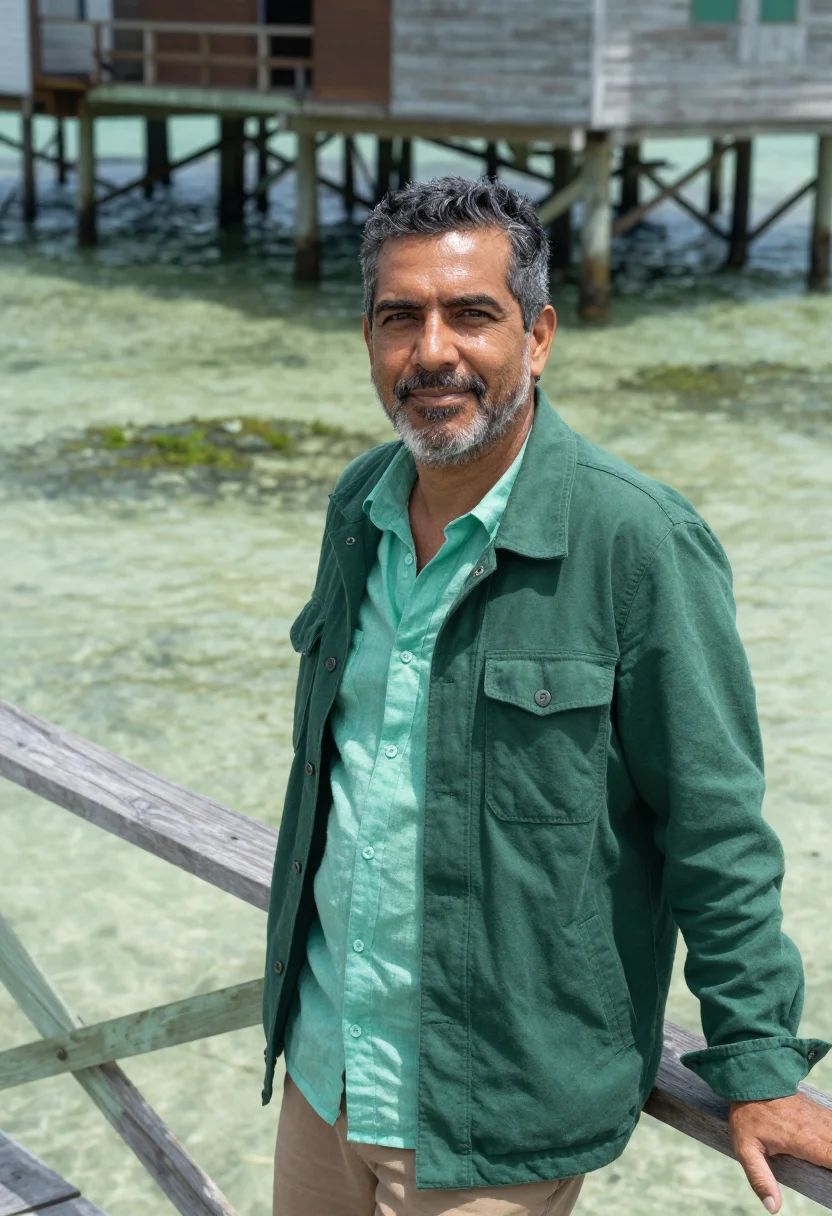 AI bocas del toro marine biologist caribbean green sample — portrait of a man, a Colombian marine biologist in his late