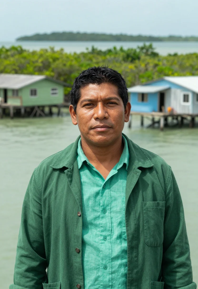 AI bocas del toro marine biologist caribbean green sample — portrait of a man, an Indigenous Panamanian marine biologist
