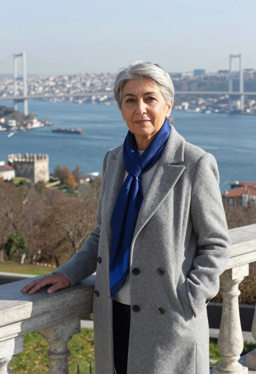 AI bogazici professor bosphorus blue sample — portrait of a woman, a professor in her sixties of Turkish d