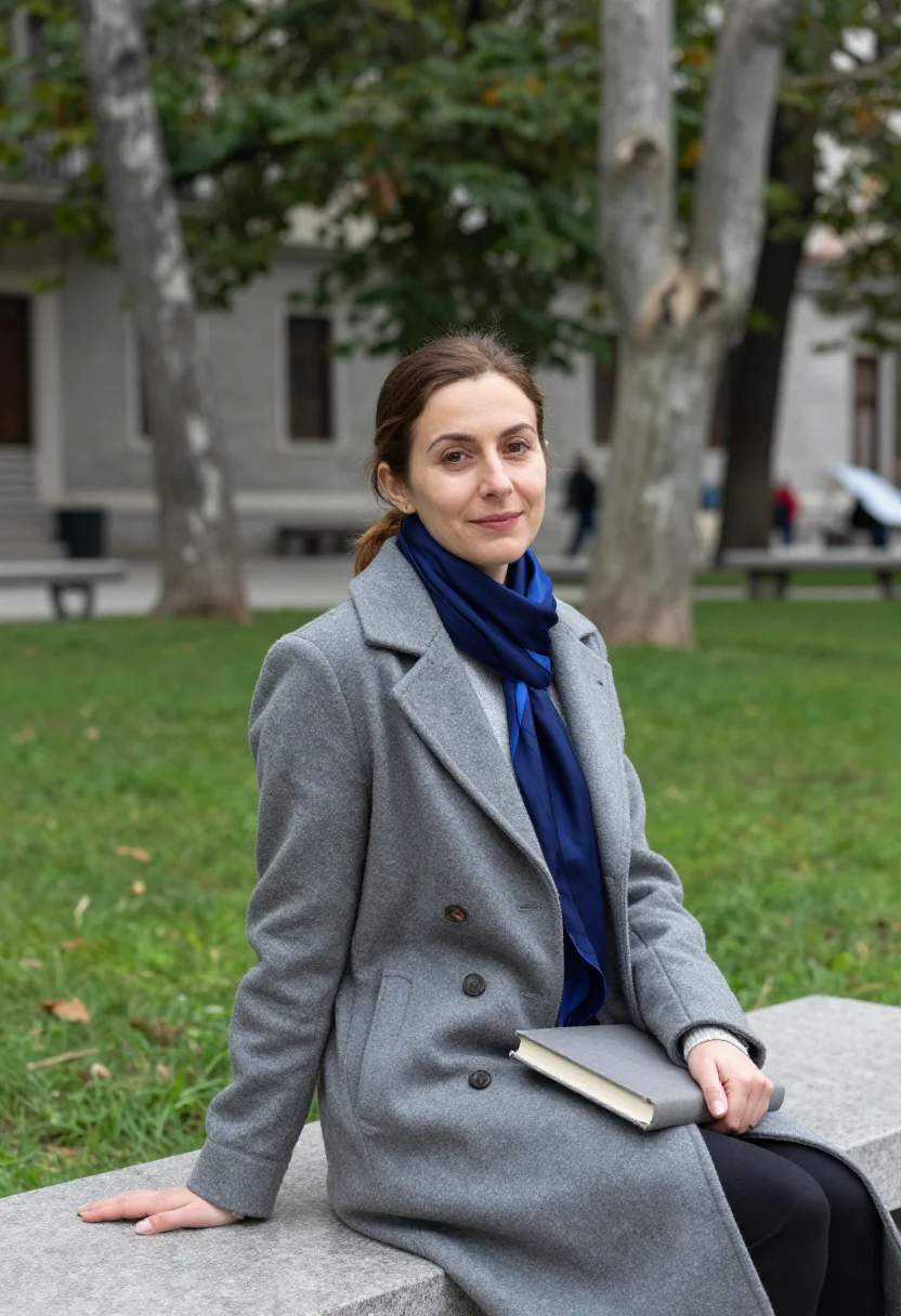 AI bogazici professor bosphorus blue sample — portrait of a woman, a professor in her forties of French de
