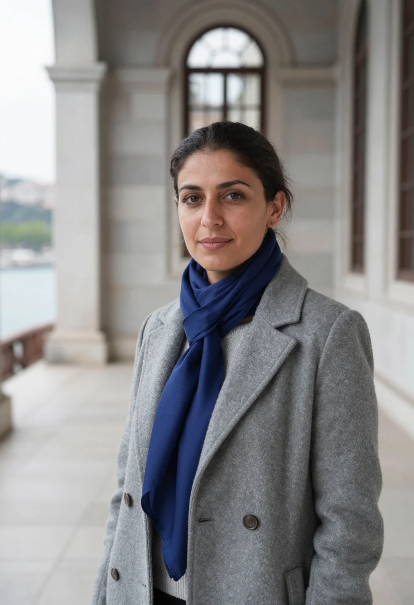 AI bogazici professor bosphorus blue sample — portrait of a woman, a professor in her early forties of Tur