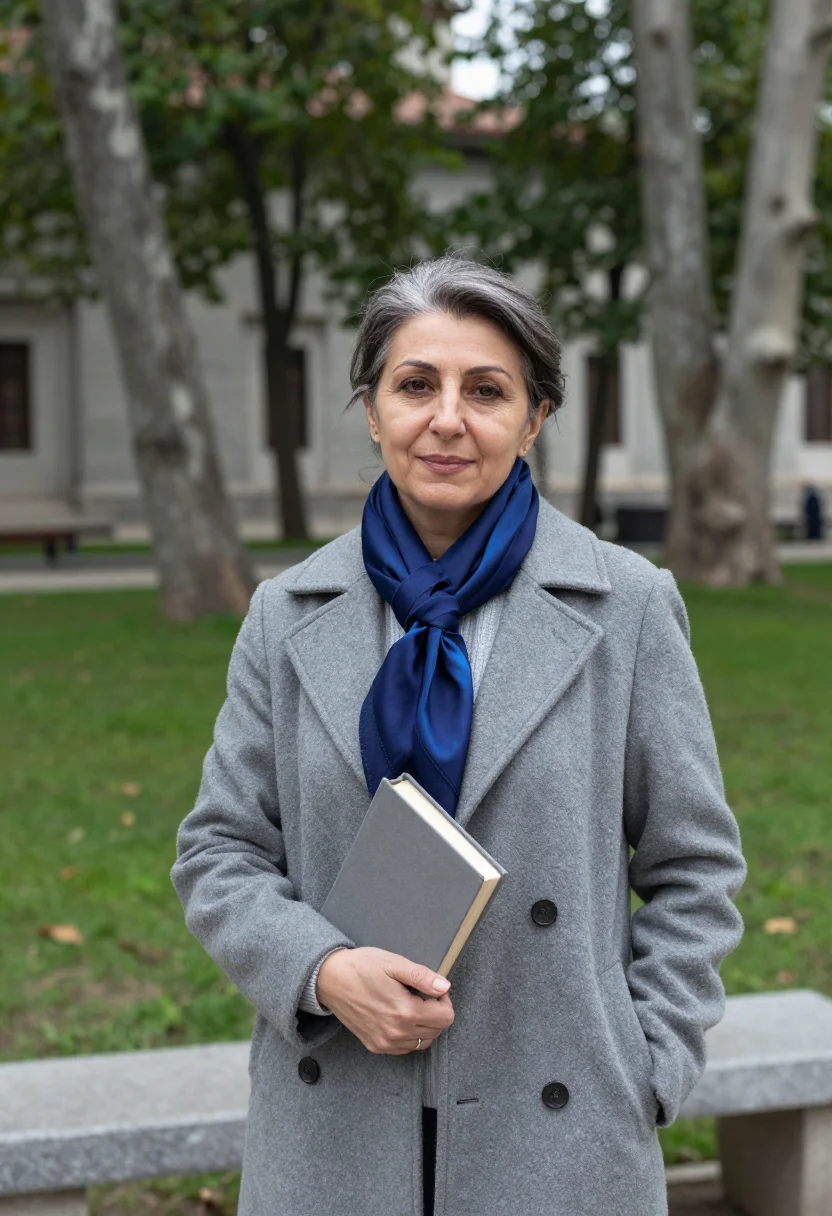 AI bogazici professor bosphorus blue sample — portrait of a woman, a professor in her fifties of Armenian