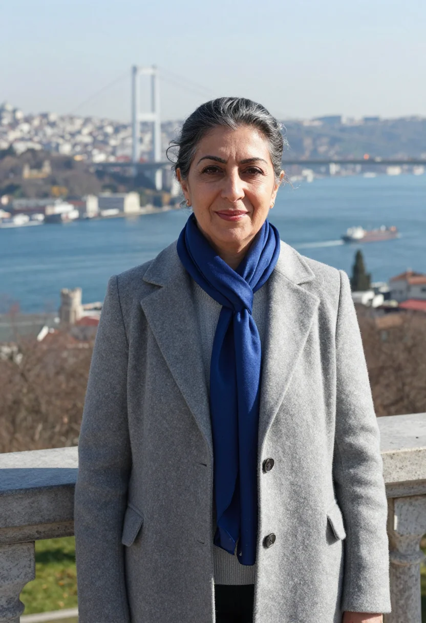 AI bogazici professor bosphorus blue sample — portrait of a woman, a professor in her fifties of Iranian d