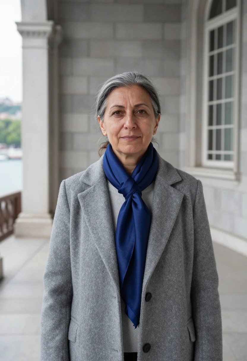 AI bogazici professor bosphorus blue sample — portrait of a woman, a professor in her fifties of Greek des