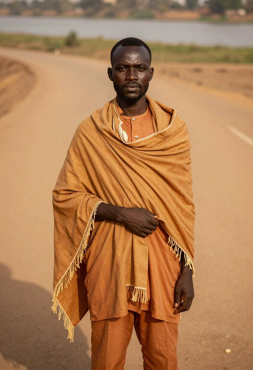 AI bogolan ochre sample — portrait of a man, a man in his thirties with deep umber ski