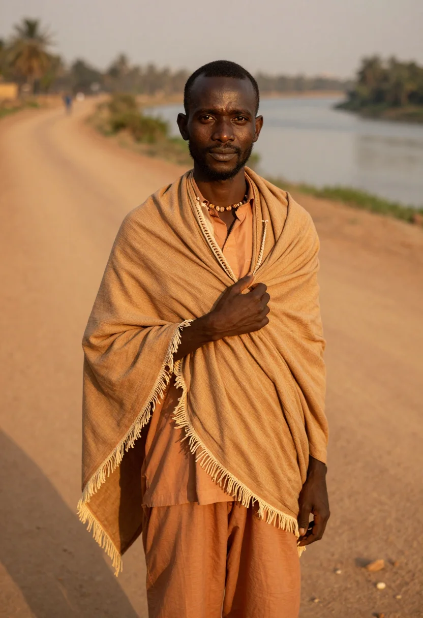 AI bogolan ochre sample — portrait of a man, a man in his late thirties with warm sien