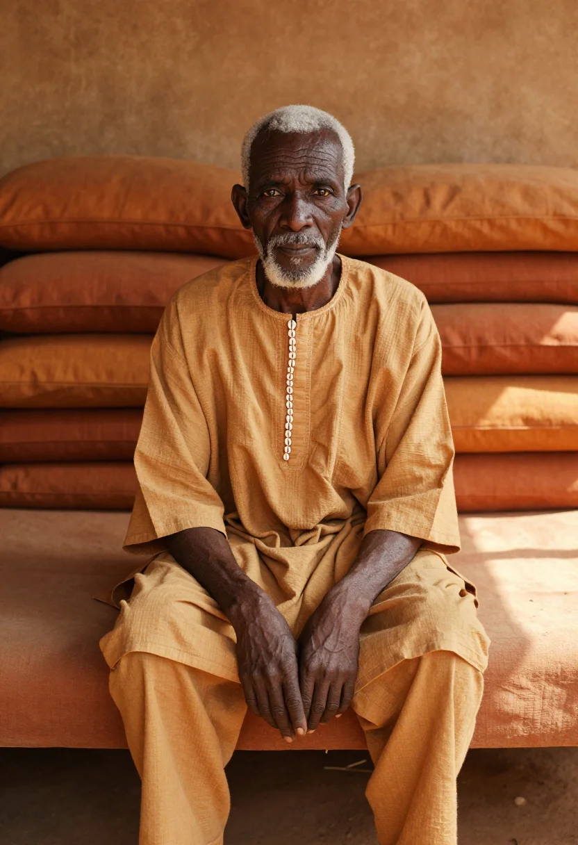 AI bogolan ochre sample — portrait of a man, a man in his sixties with deeply lined da