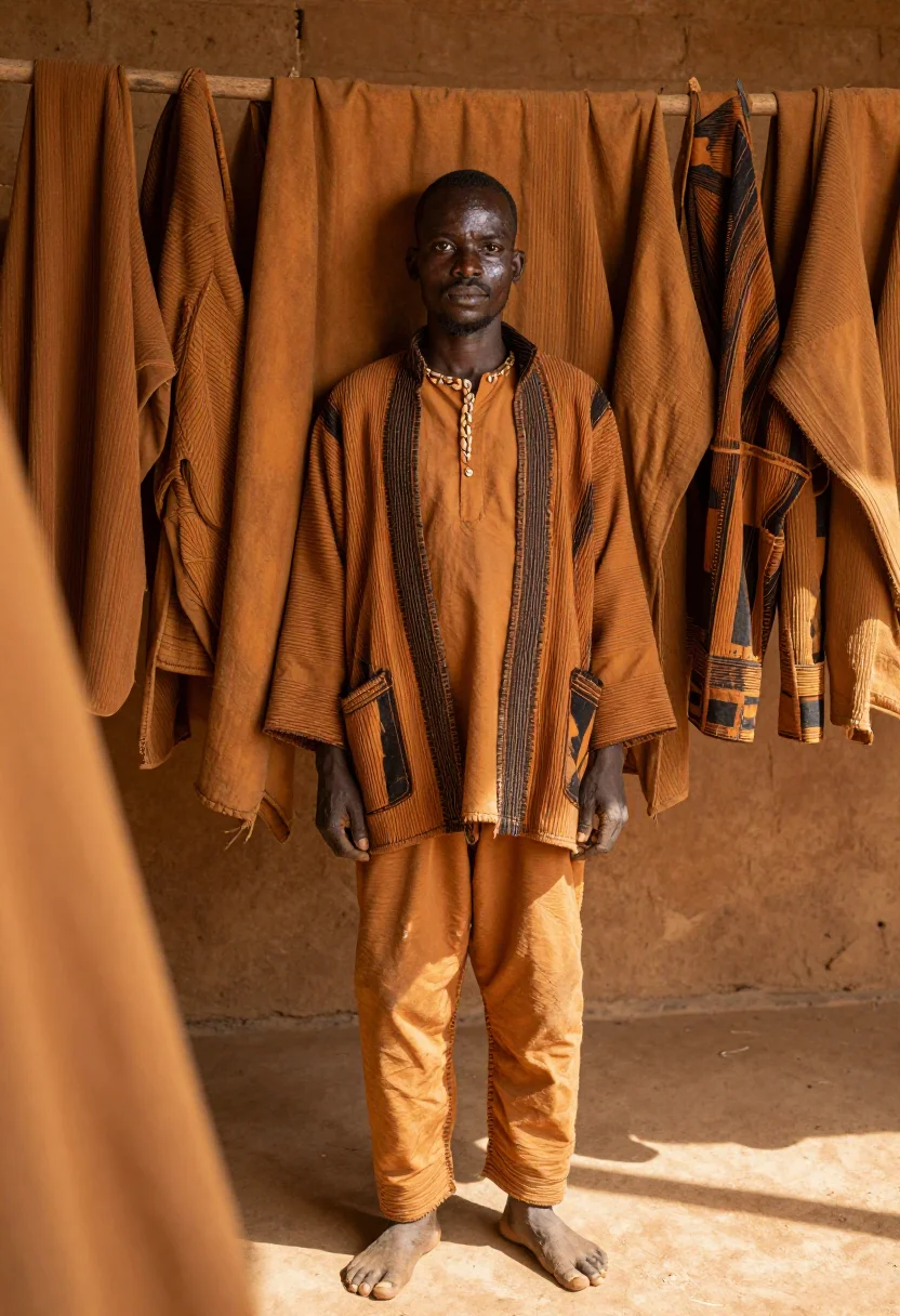 AI bogolan ochre sample — portrait of a man, a man in his late twenties with warm brow