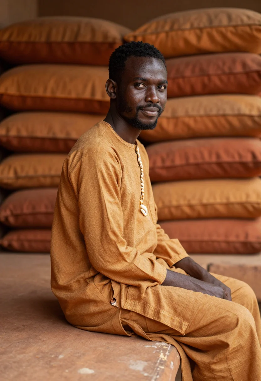AI bogolan ochre sample — portrait of a man, a man in his twenties with warm golden-br