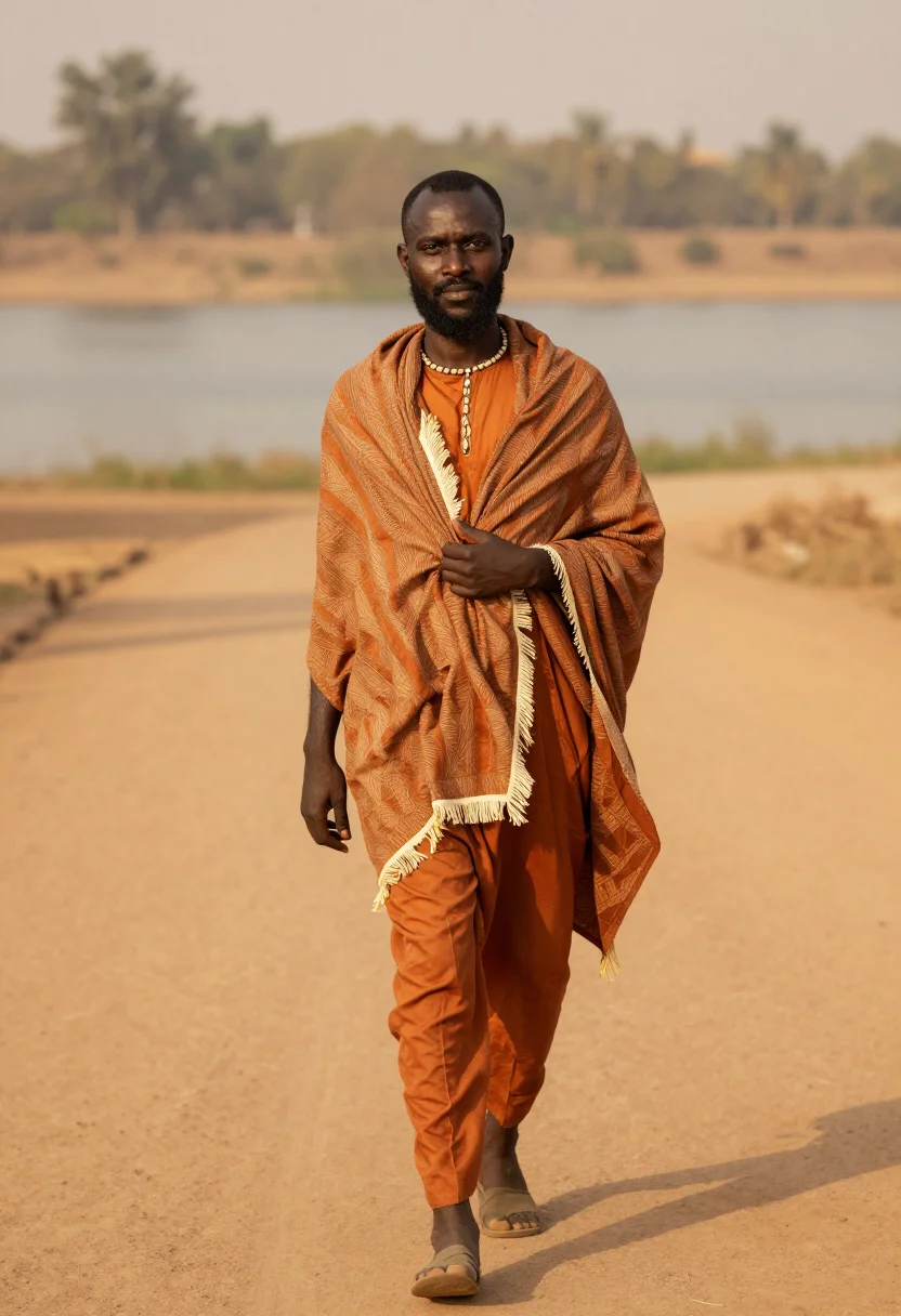 AI bogolan ochre sample — portrait of a man, a man in his forties with deep bronze ski
