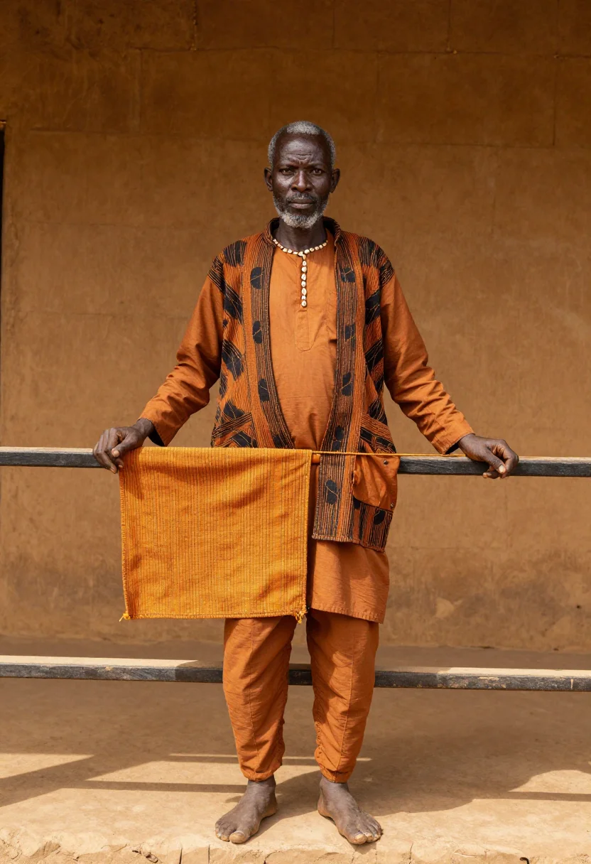 AI bogolan ochre sample — portrait of a man, a man in his fifties with deep brown skin