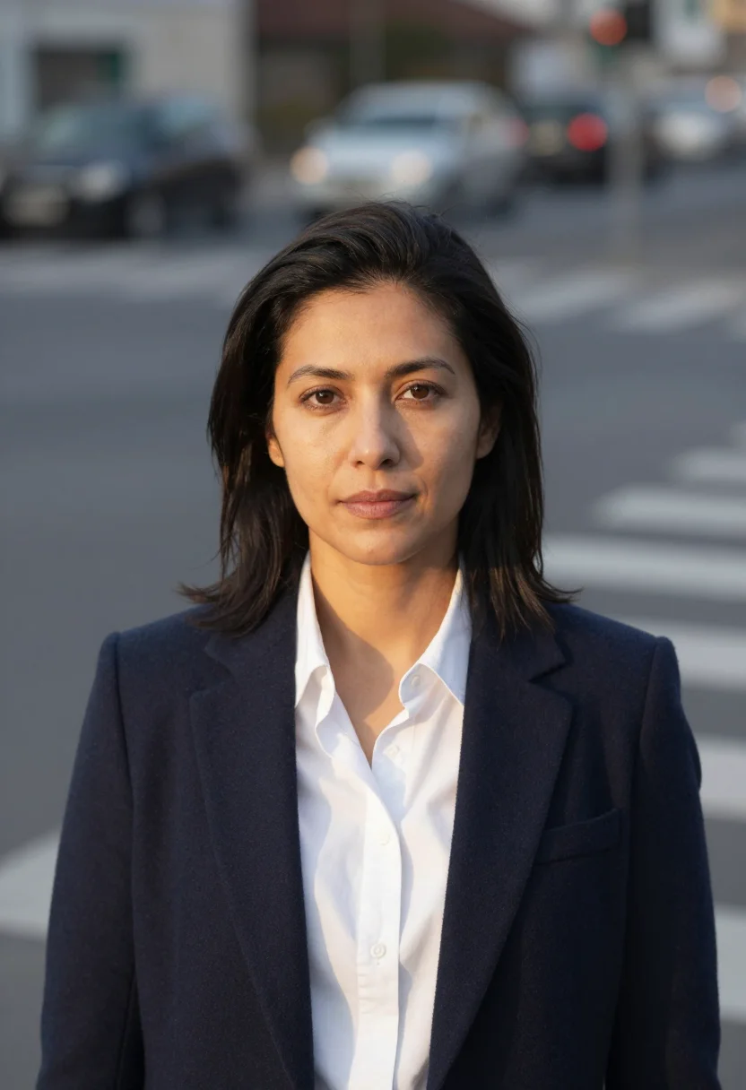 AI bokeh street headshot sample — head-and-shoulders portrait of a woman in her late thirties