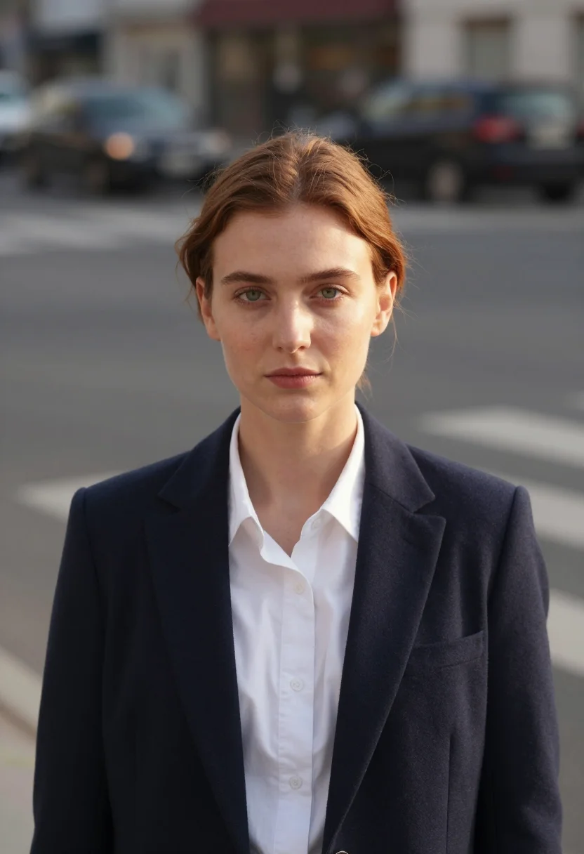 AI bokeh street headshot sample — head-and-shoulders portrait of a woman in her mid-twenties w