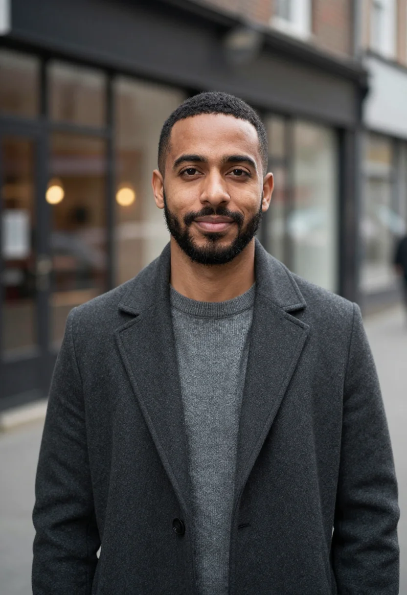 AI bokeh street headshot sample — head-and-shoulders portrait of a man in his forties with war