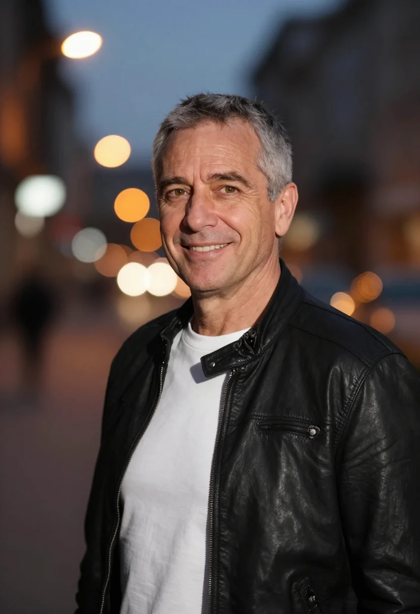 AI bokeh street headshot sample — head-and-shoulders portrait of a man in his fifties with war