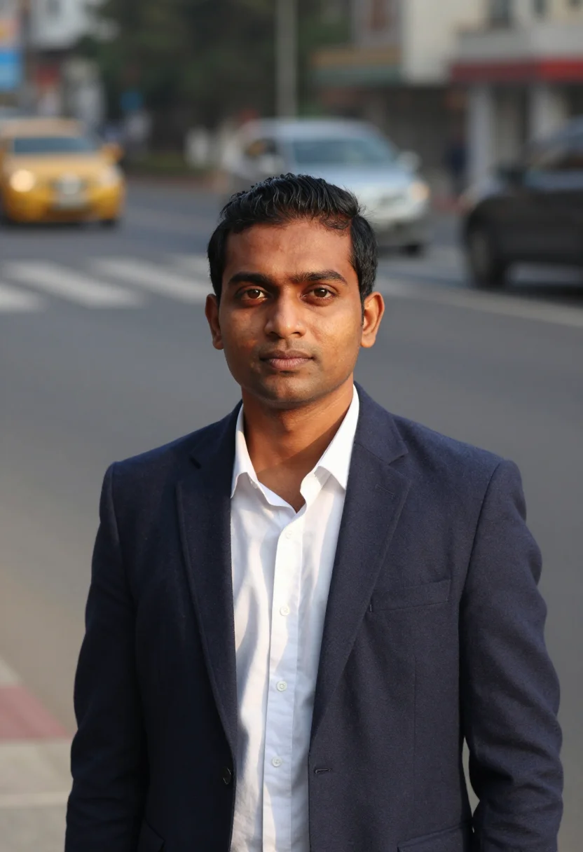 AI bokeh street headshot sample — head-and-shoulders portrait of a South-Asian man in his thir