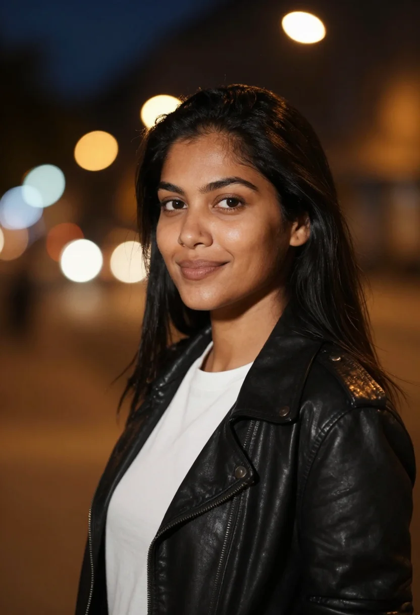 AI bokeh street headshot sample — head-and-shoulders portrait of a woman in her mid-twenties w