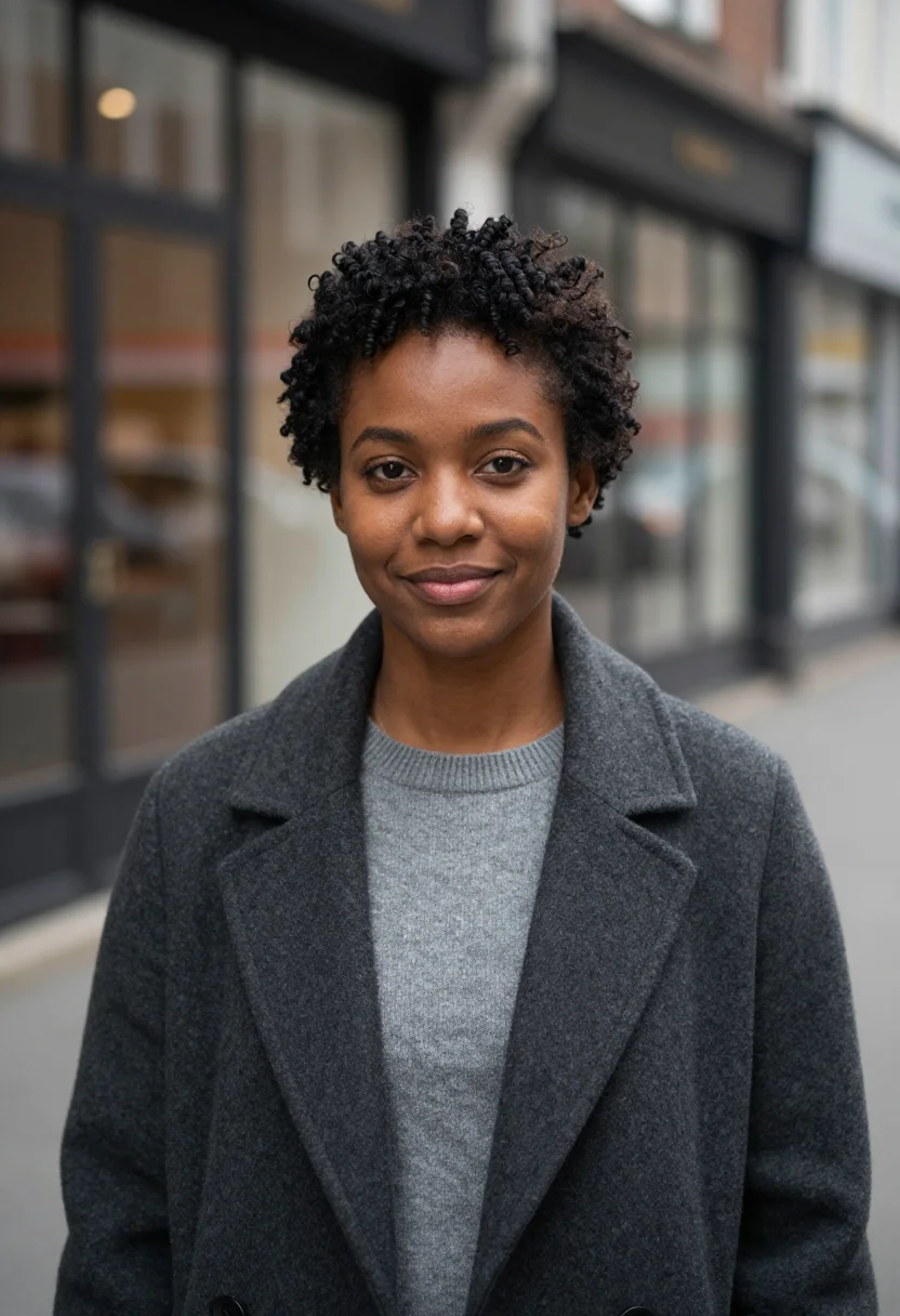 AI bokeh street headshot sample — head-and-shoulders portrait of a woman in her late twenties