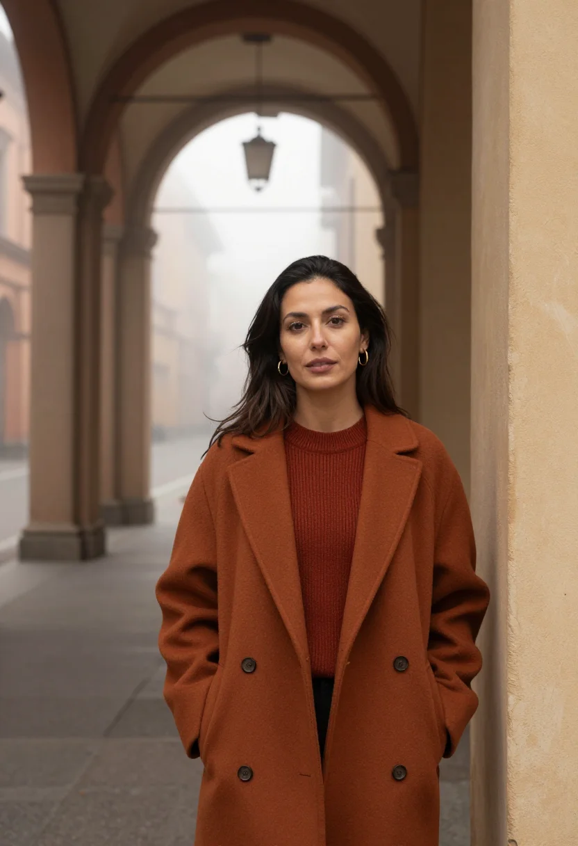 AI bologna portici november terracotta sample — portrait of a woman, framed half-length from the hips up at