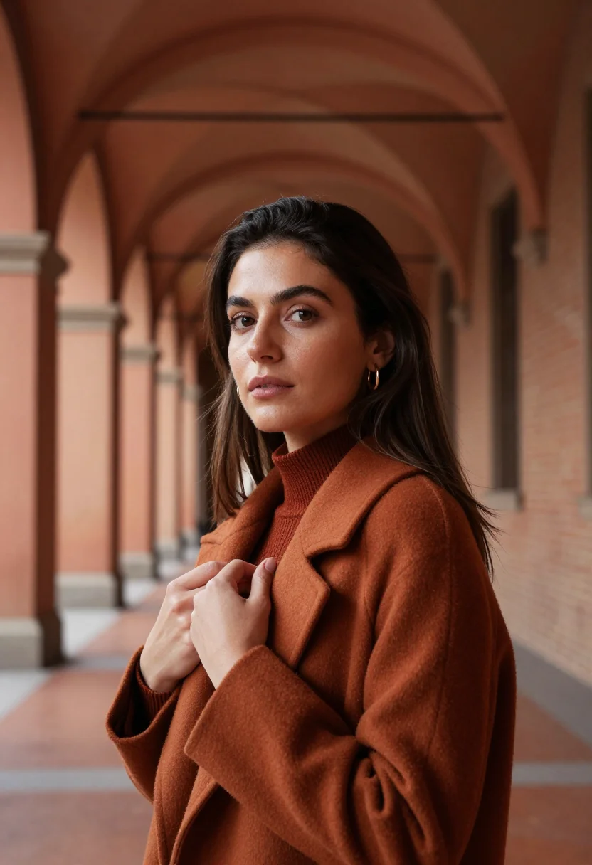 AI bologna portici november terracotta sample — portrait of a woman, framed chest-up from the ribs, the body