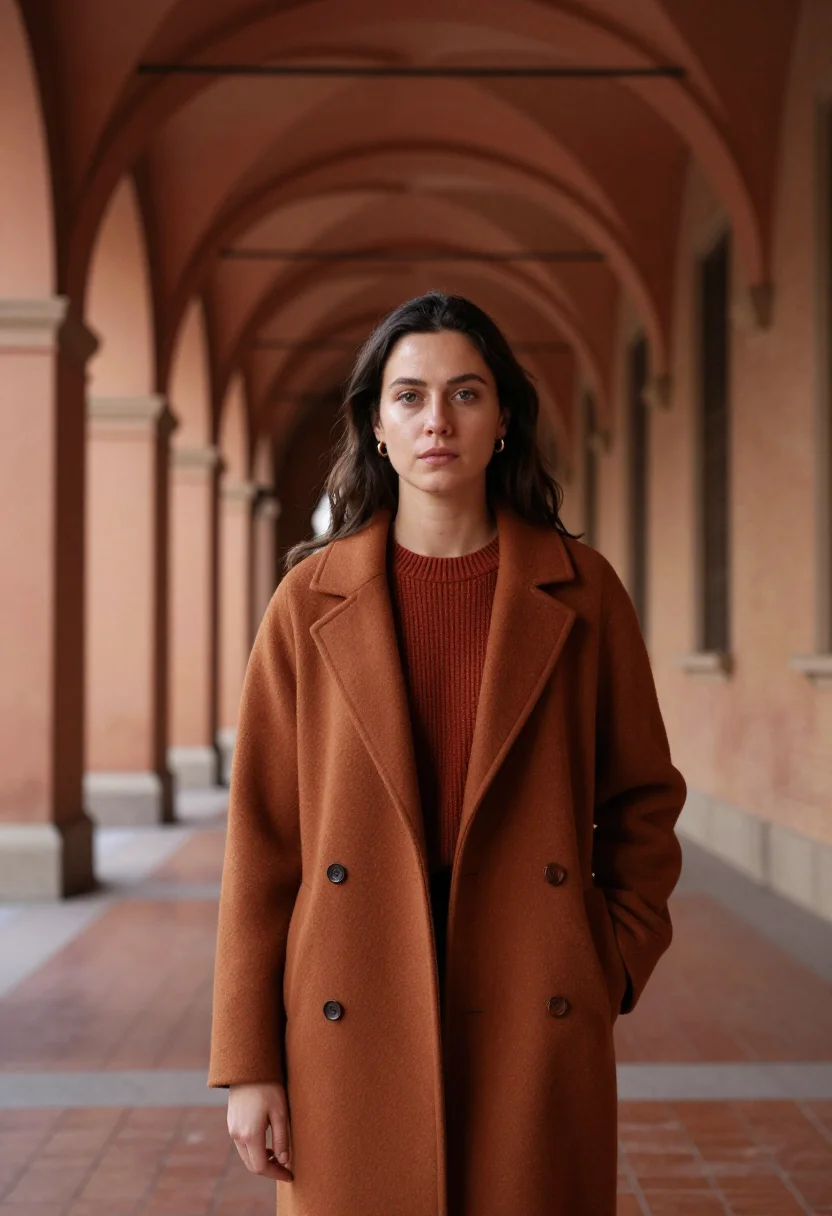 AI bologna portici november terracotta sample — portrait of a woman, framed three-quarter length from the kn