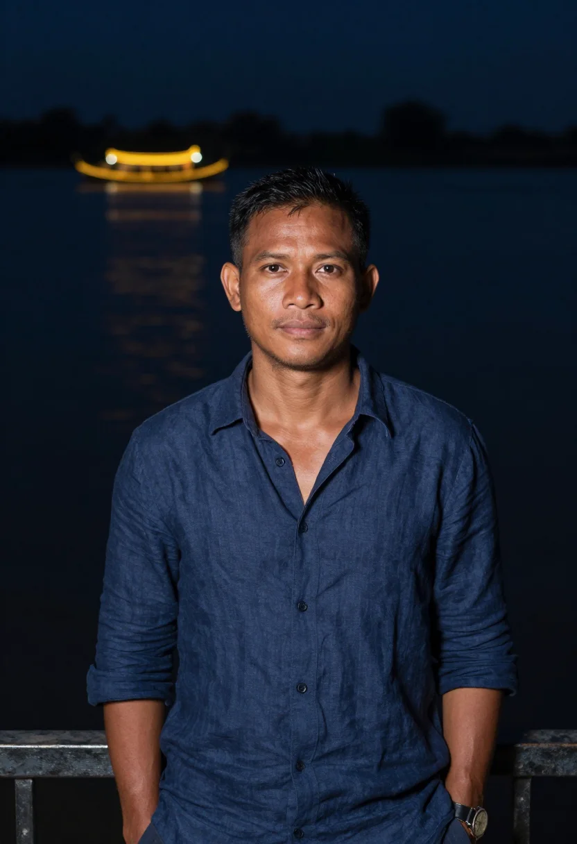 AI bon om touk phnom penh navy sample — portrait of a man, framed tight, head and shoulders, the bod
