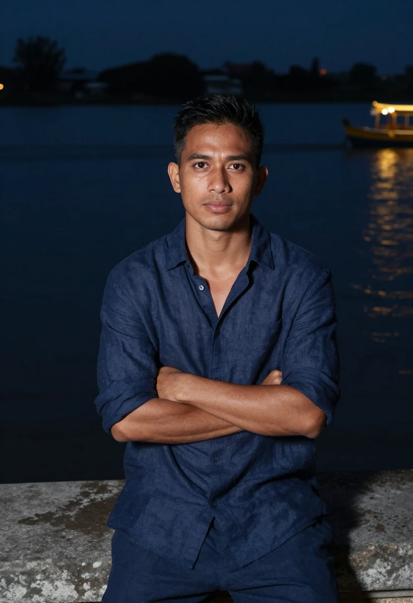 AI bon om touk phnom penh navy sample — portrait of a man, framed chest-up, cropped at the ribs, the